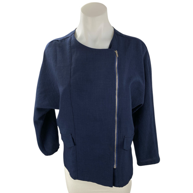 OFB Womens Navy Blue Linen Long Sleeve Asymmetrical Full Zip Moto Coat Jacket S