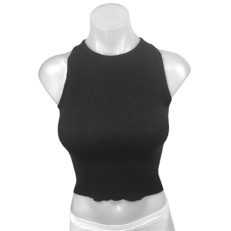 Mango MNG Black Sleeveless Ribbed Knit Sculpt Cutout Cami Tank Crop Top Size S