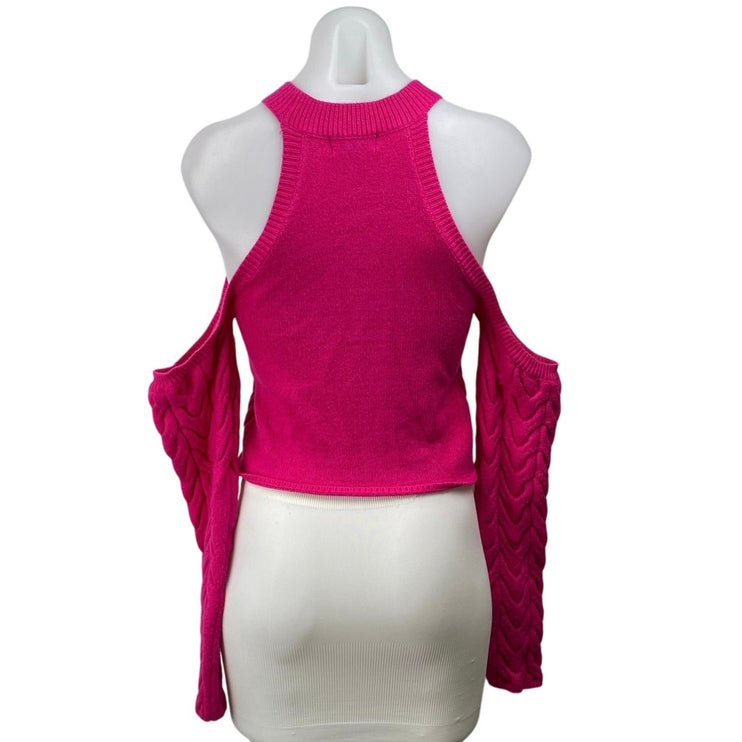 Majorelle Jessica Pink Cold Shoulder Long Sleeve Cable Knit Crop Sweater Top M