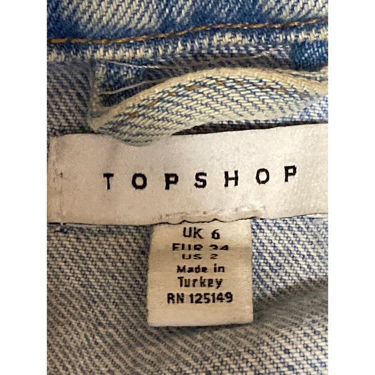 Topshop Women's Blue Distressed Long Sleeve Button Down Denim Jean Jacket Size 2