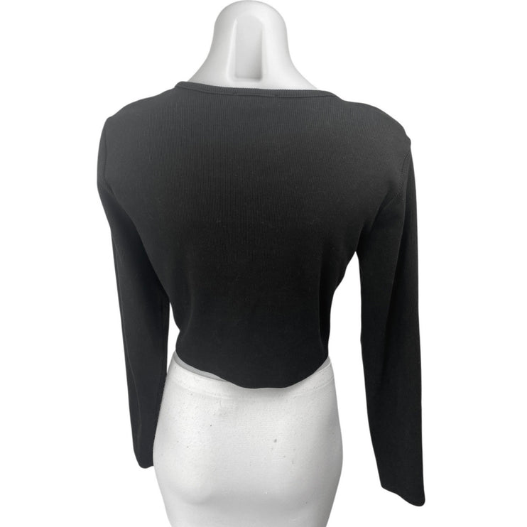 Zara Black Ribbed Knit Long Sleeve Button Up Cardigan Sweater Crop Top Size L