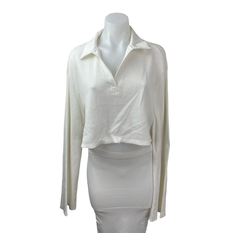 The Range Stark Waffle Womens White Collared Long Sleeve Crop Polo T-Shirt Top S