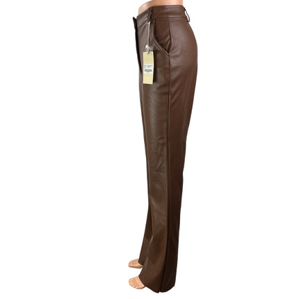NEW Meshki Tyra Women's Brown High Rise Faux Leather Vegan Straight Trousers S