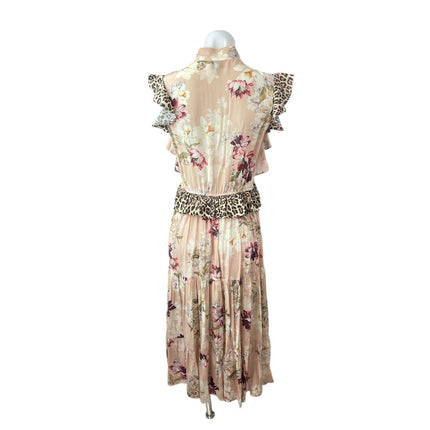 Kachel Coral Floral Leopard Ruffle Tie Pleated Tiered A Line Midi Dress Size 4