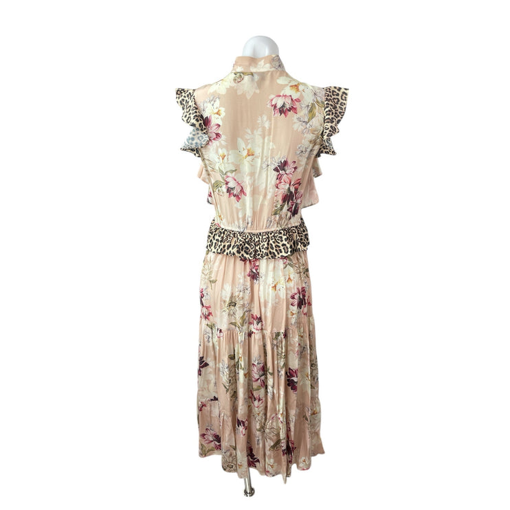 Kachel Coral Floral Leopard Ruffle Tie Pleated Tiered A Line Midi Dress Size 4