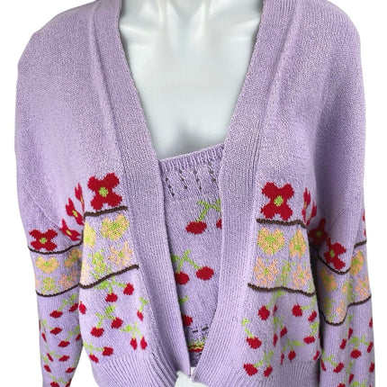 Zara Purple Cherry Floral Knit Long Sleeve Cardigan Sweater Tank 2 Pc Set Size S