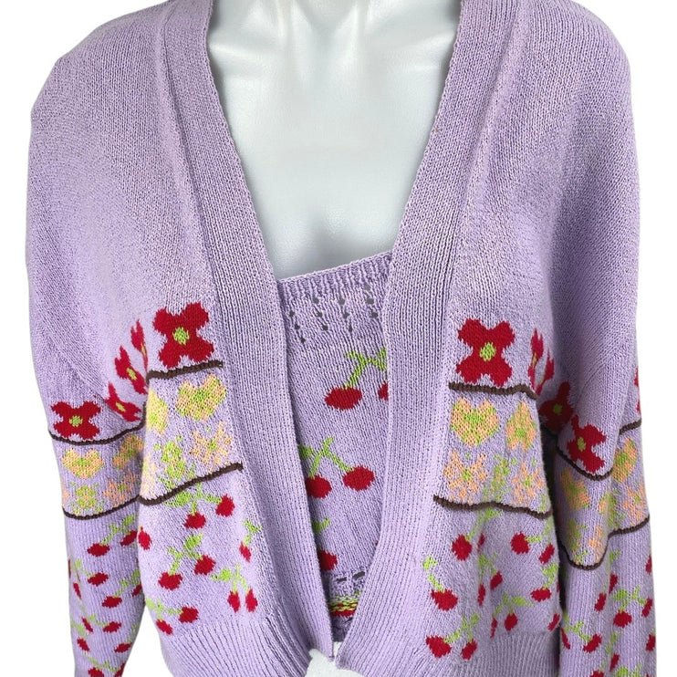 Zara Purple Cherry Floral Knit Long Sleeve Cardigan Sweater Tank 2 Pc Set Size S