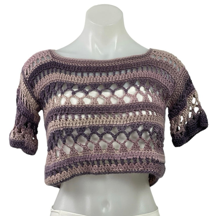 Women's Purple Short Sleeve Crochet Open Knit Boat Neck Boho Crop Top Size S