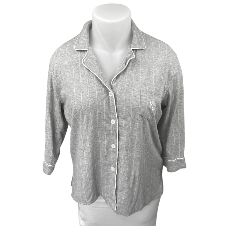 Lauren Ralph Lauren Gray Striped 3/4 Sleeve Button Down Sleep Pajama Top Size XL