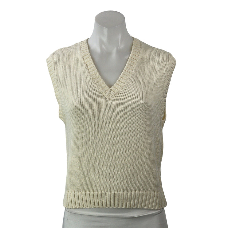 Zara Women's Cream Classic Sleeveless Ribbed Knit Fitted V-neck Sweater Top Sz M