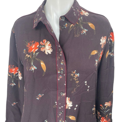 Allsaints Women's Purple Floral 100% Silk Long Sleeve Button Up Shirt Top Size 4