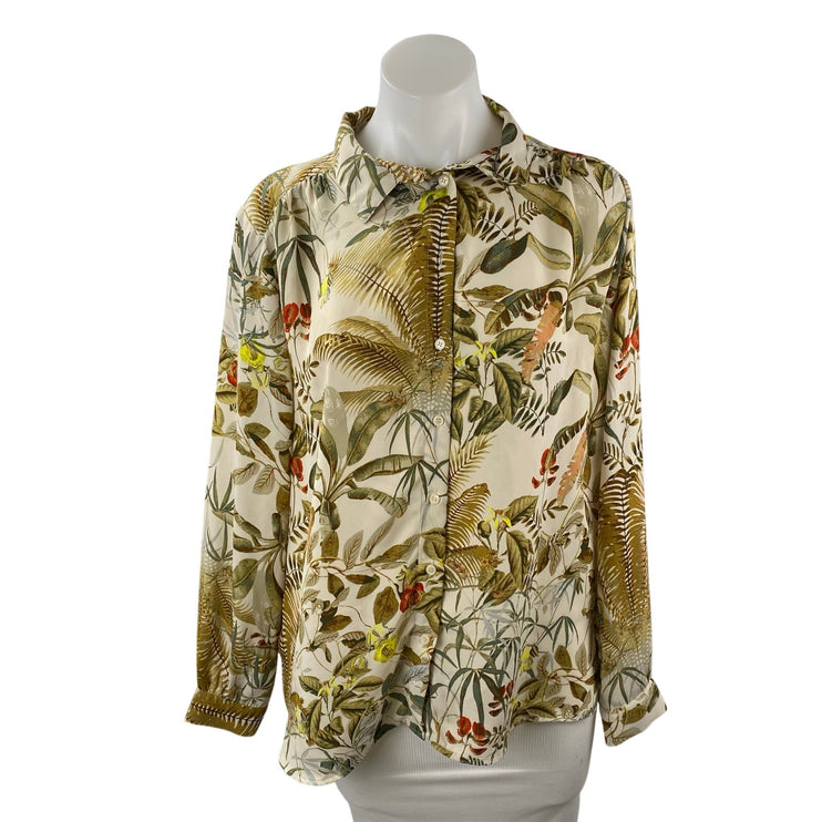 H&M Women's Multicolor Leaf Tropical Long Sleeve Button Down Blouse Shirt Top L