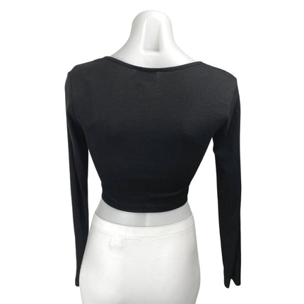 Princess Polly Black Ribbed Knit Long Sleeve Tie Front Cut Out Crop Top Size 6