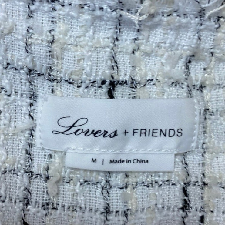 Lovers + Friends Lucy White Tweed Plaid Fringe Open Front Long Sleeve Jacket M