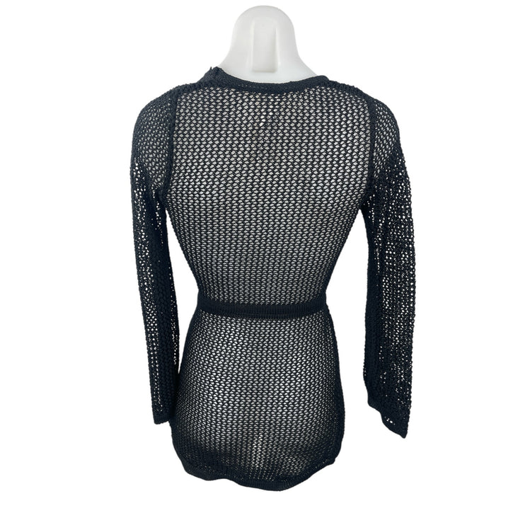 Forever 21 Black Mesh Sheet Long Sleeve Deep V Neck Tie Waist Cover Up Dress S