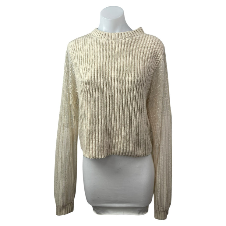 Zara Womens Beige Cable Knit Sheer Polka Dot Long Sleeve Crew Neck Sweater Top L