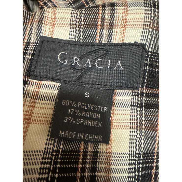 Gracia Plaid Check Long Sleeve Belted Button Up Midi Flare A-Line Shirt Dress S