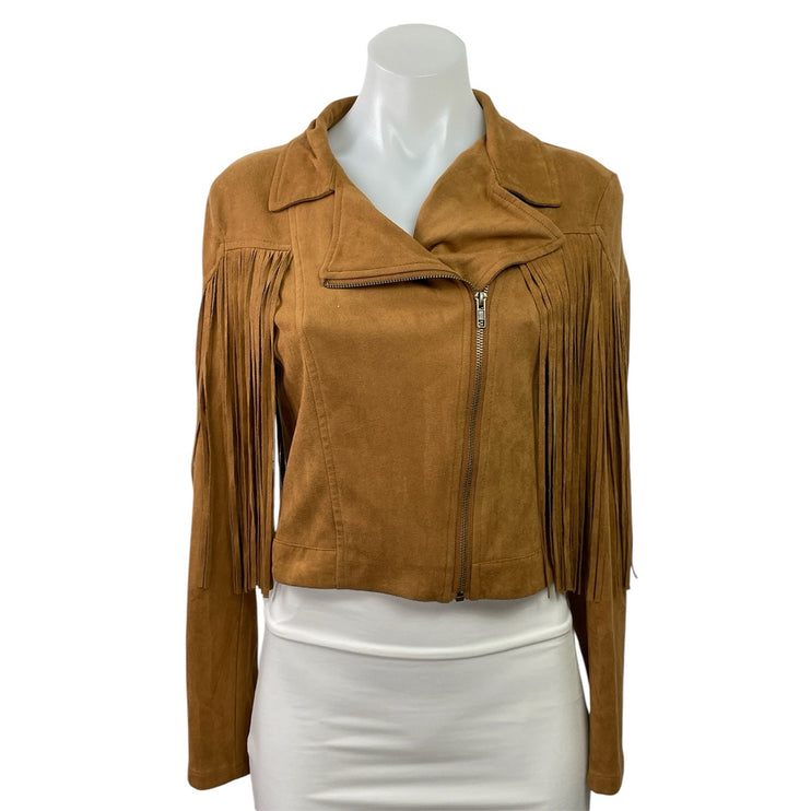 Flying Tomato Women's Tan Faux Suede Fringe Western Cropped Moto Jacket Size S