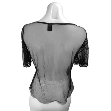 Women's Black Sequin Sparkly Lace Semi Sheer Short Sleeve Blouse Top Size S