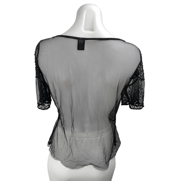 Women's Black Sequin Sparkly Lace Semi Sheer Short Sleeve Blouse Top Size S