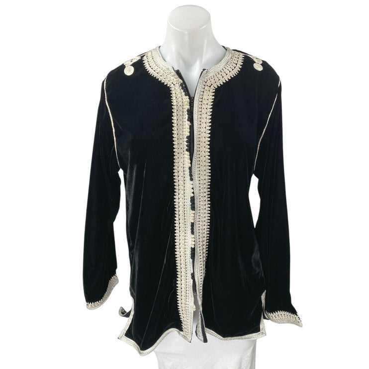 Women's Black Velvet Velour Moroccan Long Sleeve Embroidered Zip Up Blouse Top M