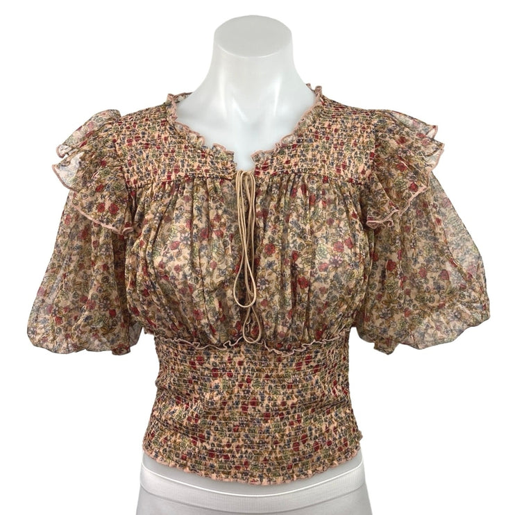 Free People Women's Floral Print Brown Lace Up Puffy Sleeve Blouse Top Size S