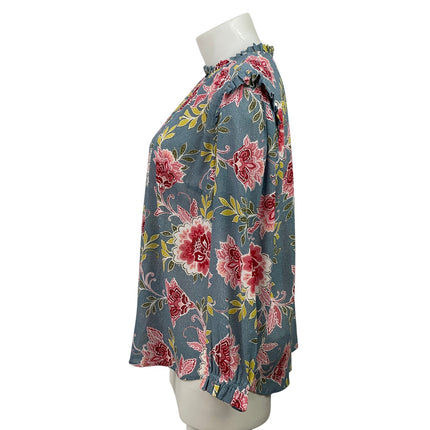 Ann Taylor LOFT Blue Dots Floral Long Sleeve Ruffle Keyhole Blouse Top Size 16