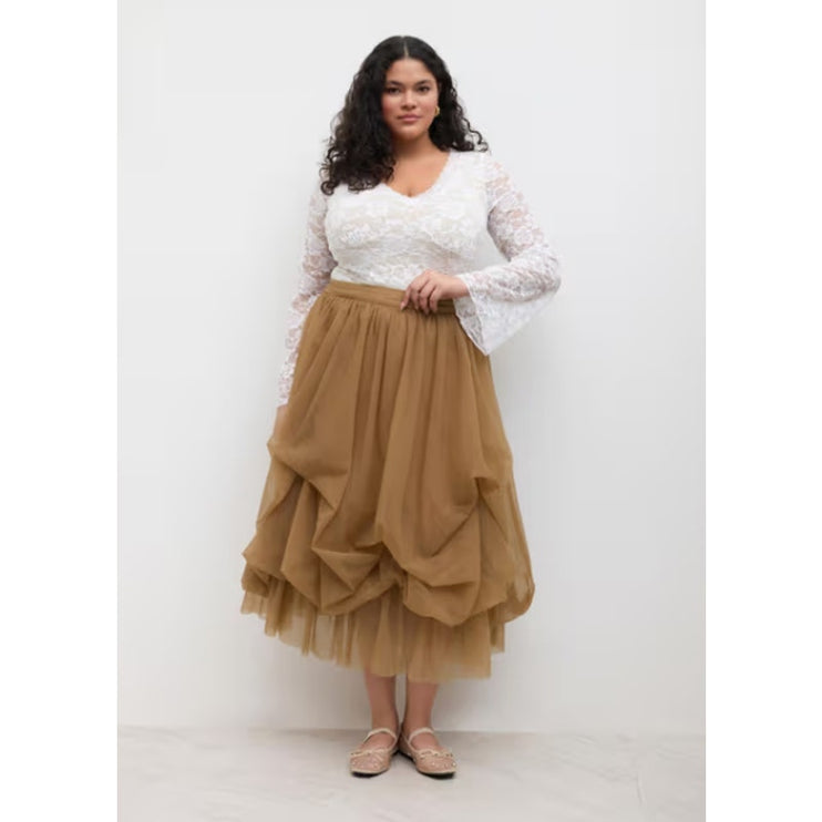 Cider Yellow Beige Voluminous Tulle Mesh Ruffle Pleated A Line Midi Skirt Sz 3XL