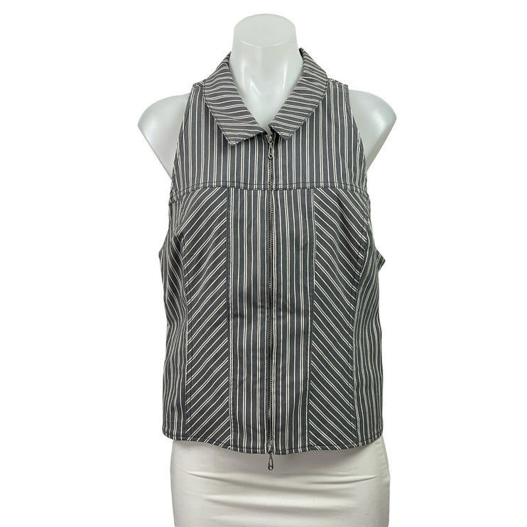 Silence + Noise Gray White Striped Sleeveless Zip Up Cutout Back Shirt Top Sz XL