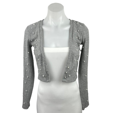 ZARA Gray Rib Knit Pearl Embellished Open Front Long Sleeve Crop Cardigan Size S