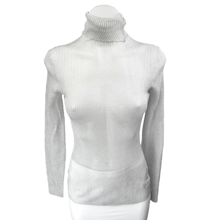 NEW Ser.O.Ya Piper Gray Linen Knit Turtleneck Long Sleeve Sheer Sweater Top Sz M