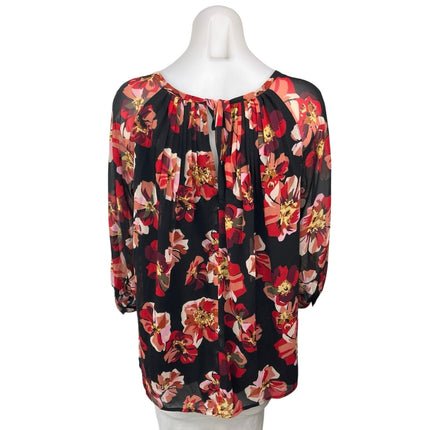 Madewell Black Floral Tie Back Pleated 3/4 Balloon Sleeve Tunic Blouse Top Sz XS