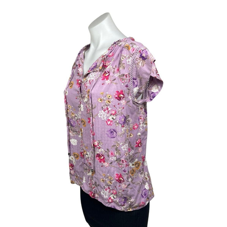 Buffalo David Bitton Purple Split V-Neck Flutter Sleeve Floral Blouse Top Size M