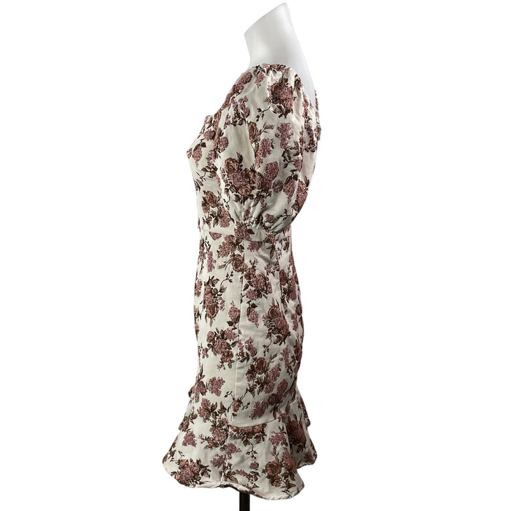 Aqua White Pink Floral Jacquard Short Puff Sleeve Ruffle Sheath Mini Dress Sz S