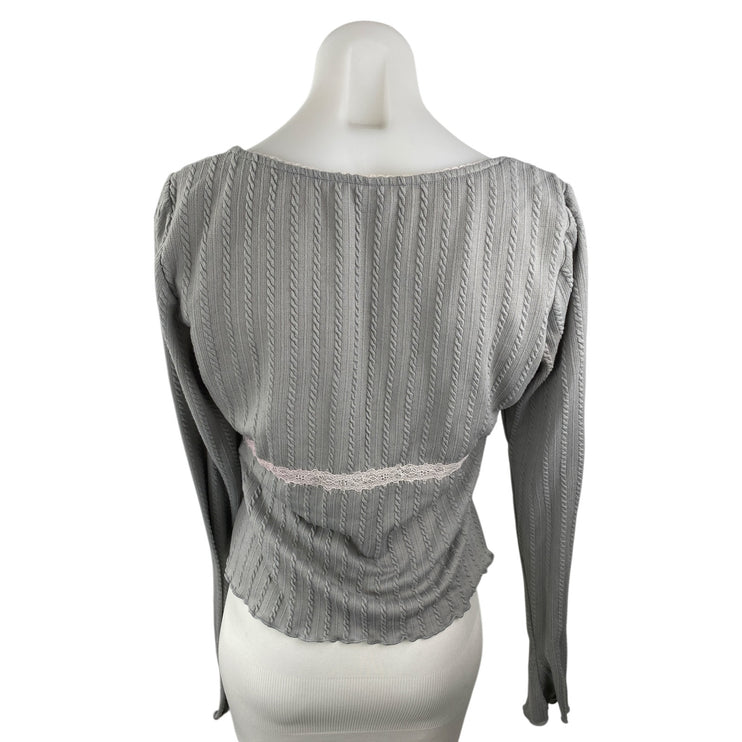 Princess Polly Women's Gray Floral Lace Trip Long Sleeve Boxy Blouse Top Size 10