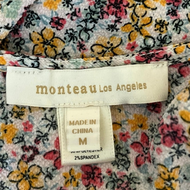 Monteau Los Angeles Floral Print Women's V-Neck Flutter Sleeve Wrap Top Size M