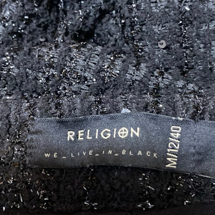Religion Black Metallic Tweed Knit Straight High Waist Cargo Trousers Pants Sz M