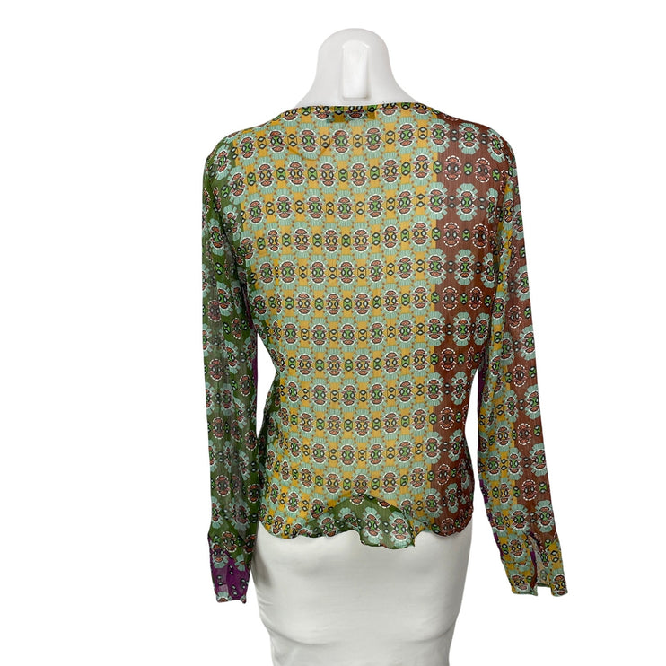 Zara Women's Multicolor Long Sleeves Patchwork Sheer Tie Front Blouse Top Size M