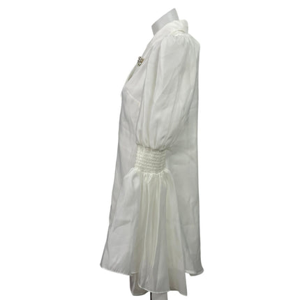 NEW Checocre White Long Puff Bell Sleeve Brooch Lapel Button Up Blouse Top 0