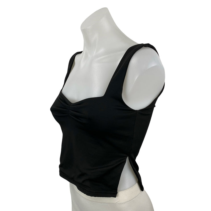Reoria Womens Black Ruched Sweetheart Neck Sleeveless Side Split Crop Tank Top S