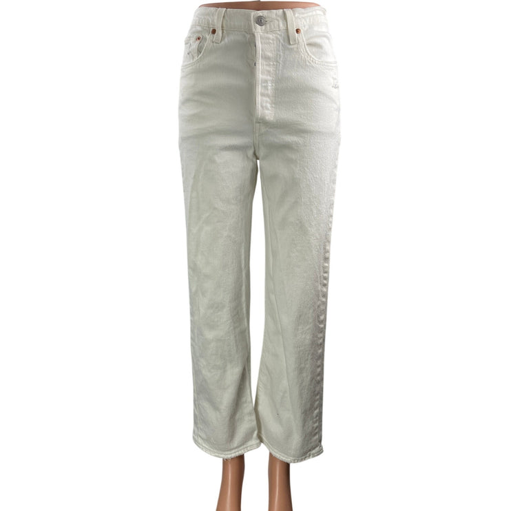 Levi's Ribcage Straight White High Waisted Frayed Ankle Denim Jeans Pants Sz 26