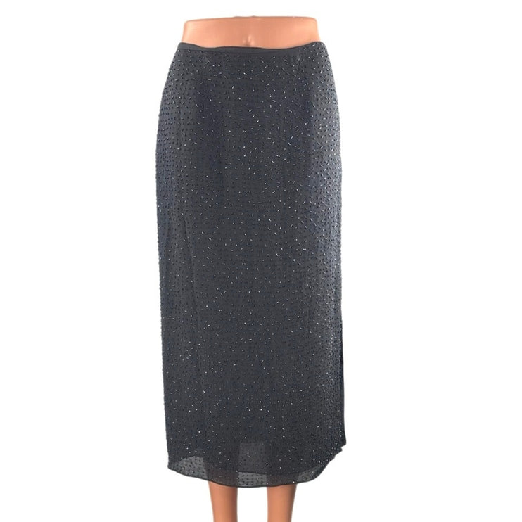 Dana Buchman Black Beaded Embellished High Waist Slit Straight Midi Skirt Size 6