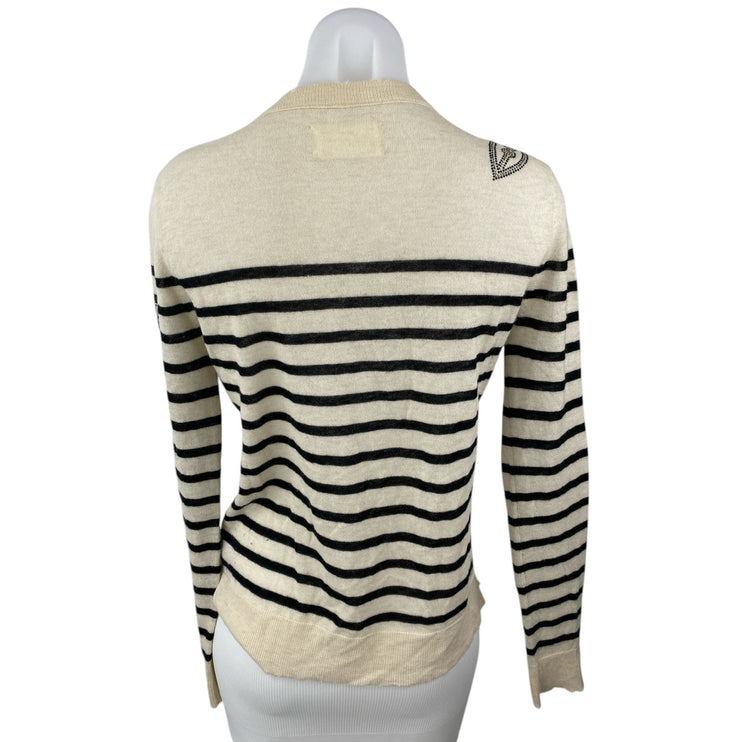 Zadig & Voltaire 100% Cashmere Cream Striped Long Sleeve Knit Sweater Top Sz XS