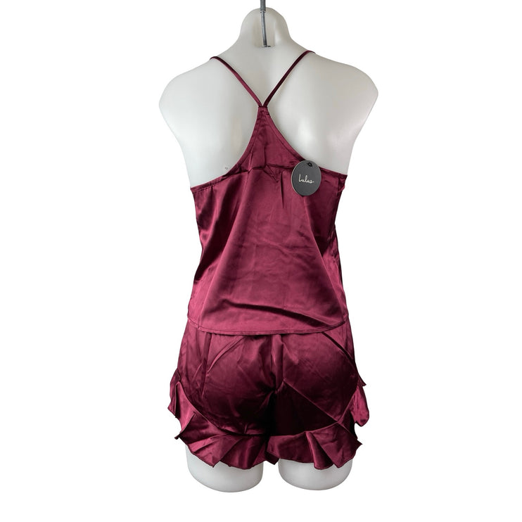 NEW Lulus Red Silk Satin Cami Tank Shorts Sleepwear Pajamas 2 Piece Set Size XS
