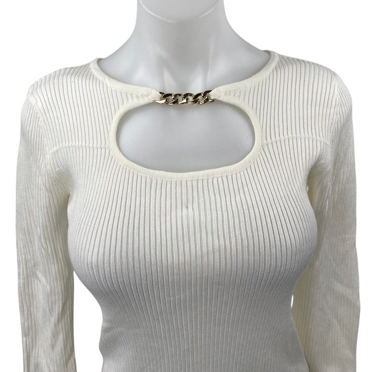 NEW T Tahari Ivory Boat Neck Gold Metal Chain Rib Knit 3/4 Sleeve Cutout Top S