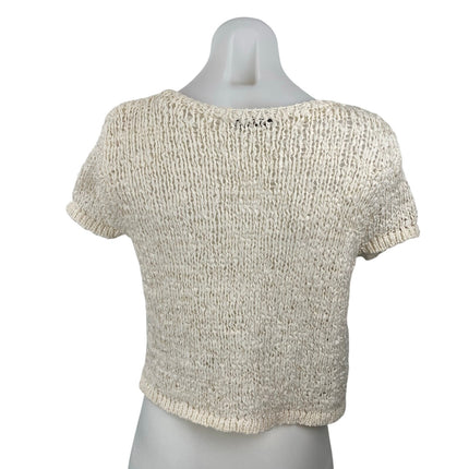 MNG Mango Bow Closure Cream Open Knit Crochet Cap Sleeve Cardigan Blouse Top M