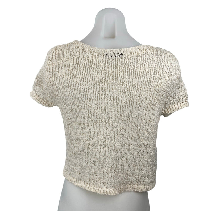 MNG Mango Bow Closure Cream Open Knit Crochet Cap Sleeve Cardigan Blouse Top M