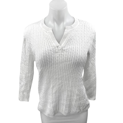 Croft & Barrow Womens White Cable Knit Split Neck 3/4 Sleeve Sweater Top Size M