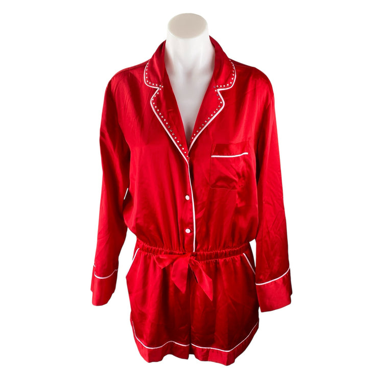 Victoria Secret Silky Satin Rhinestone Long Sleeve Short Pajama Sleepwear Set M