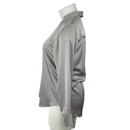 H&M Silver Gray Satin Collared Long Sleeve Office Button Down Shirt Blouse Top M